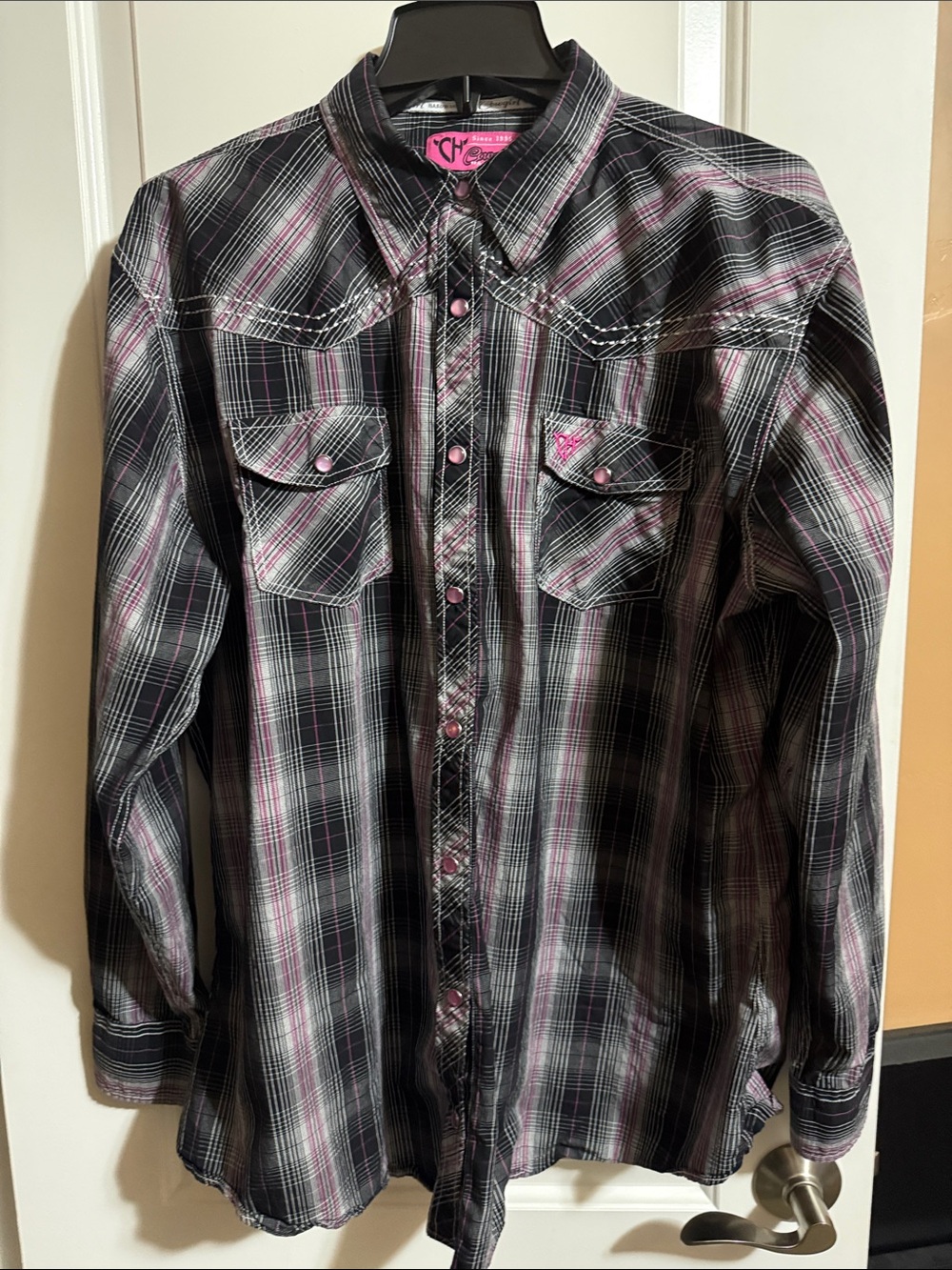 CH Western Plaid Button-Down Shirt in Black and Pink